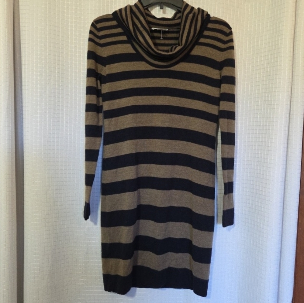 Ann Taylor Loft Merino Wool Blend Cowl Neck Sweater Dress Size S Navy And Brown - Picture 1 of 8